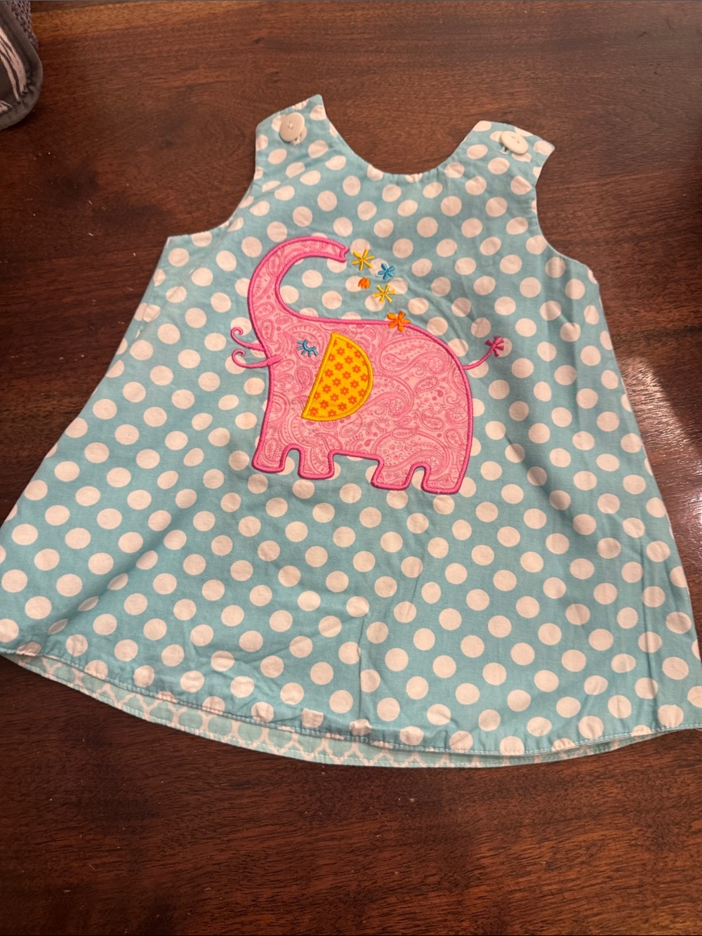 Mulberry St Girls reversible Cotton Dress Green & Pink elephant and eggs